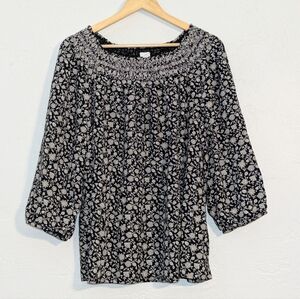 JJill Women's Floral Neutral Comfy Casual Cute Flowy Office Blouse Boho Cottage